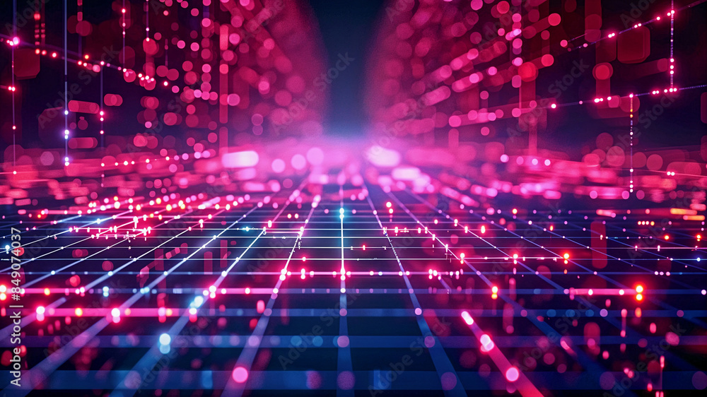 Poster abstract neon mesh background with glowing lines and geometric patterns on a dark background. genera