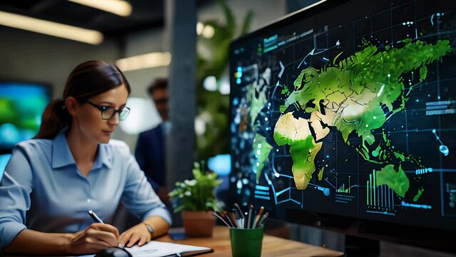 a professional team implementing a corporate sustainability program. Display visuals of digital tools tracking carbon footprint, green certifications, and eco-conscious work habits.