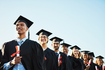 Celebration, future and graduation with student friends outdoor on campus together for ceremony or...
