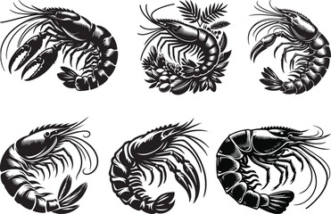 A set of vector silhouette image of Prawn. Art & Illustration.