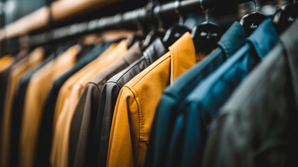 Fototapeta premium A rack of clothes with a yellow jacket on the top