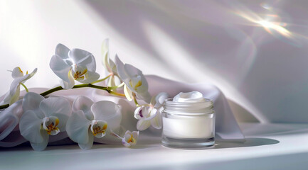 A glass jar of white cream with phalaenopsis flowers on the table, on a light background, spa concept, beauty, and skincare product advertising photography