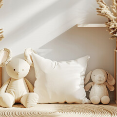 Empty mockup, blank cushion in nursery room, cute minimalistic toys, bear and bunny, modern style mockup