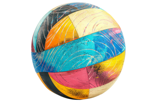 Vibrant sphere with colorful abstract patterns, showcasing artistic design with intersecting shapes and textures on a white background.