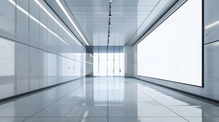 Futuristic Blank Advertising Display in Hyper-Detailed Bright Lobby Interior