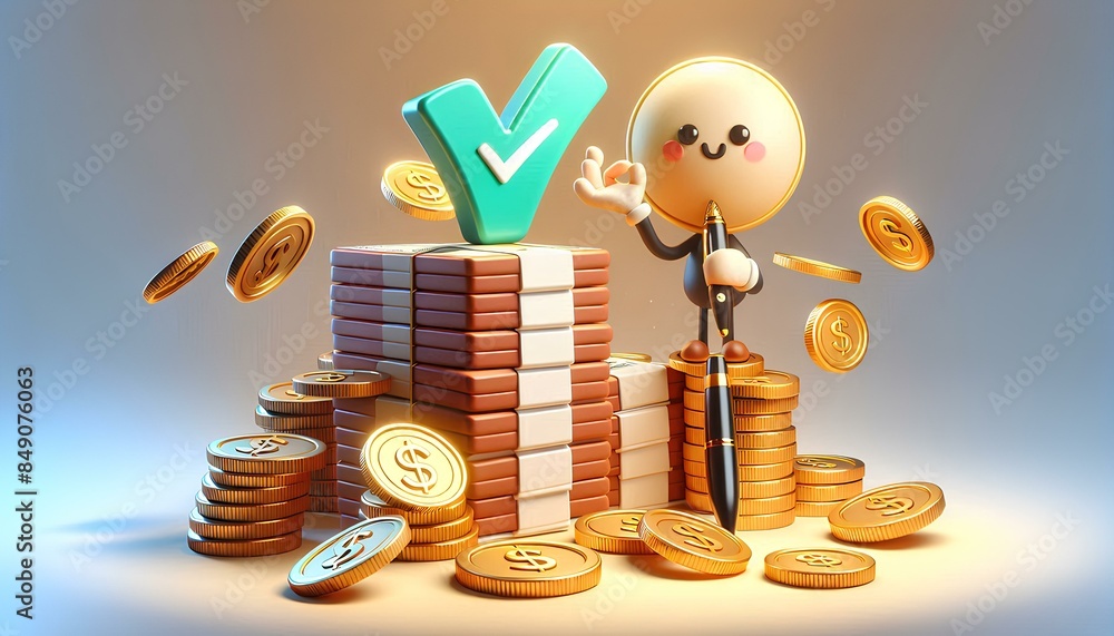 Poster a cartoon smiley face with a checkmark on its forehead. it is standing on a stack of gold coins. the