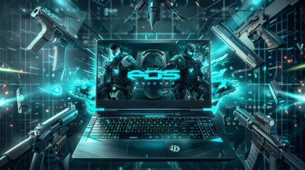 A gaming laptop surrounded by guns and blue energy, with animated characters in the background, representing video game graphics