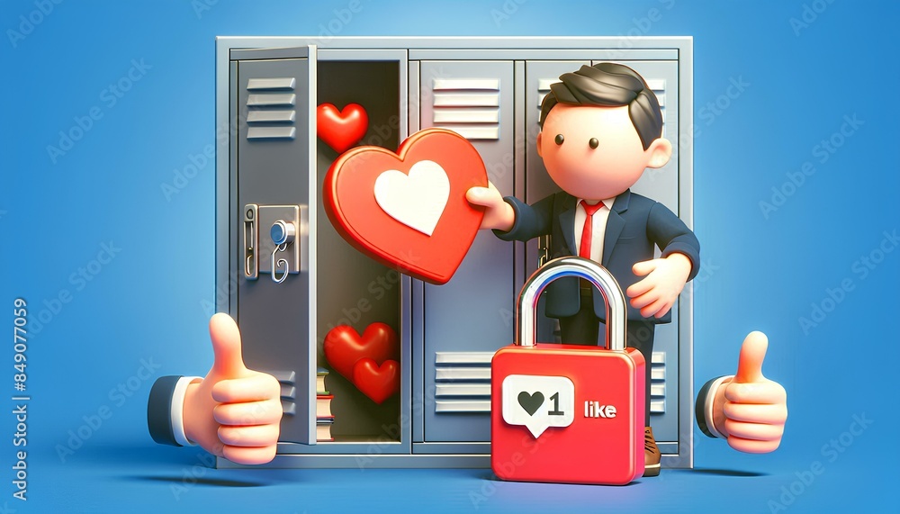 Poster cartoon man in a suit stands in front of a locker with a red heart in his hand. the locker has a loc