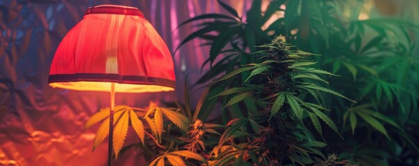 A mature marijuana plant with lush green leaves is illuminated by warm, artificial lighting in an indoor grow setting. 