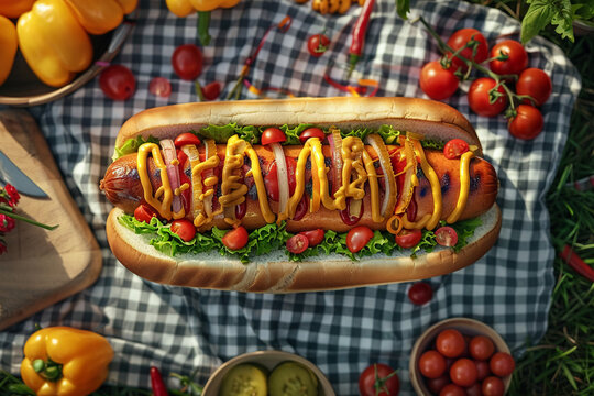 Hotdog-themed decorations at a picnic, concept of themed parties, close up, festive theme, surreal, manipulation, open field backdrop
