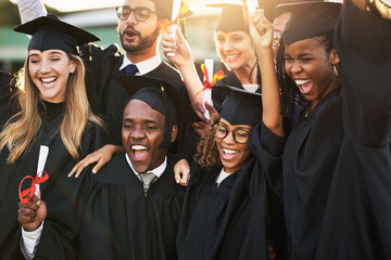 Students, happy and graduation people on campus, excited and university farewell for education or...