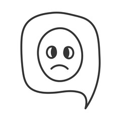 Speech bubble with sad face emoji doodle. Sadness sorrow anguish discontent negative feedback symbol in hand drawn comic style. Line emotion expression. Vector illustration