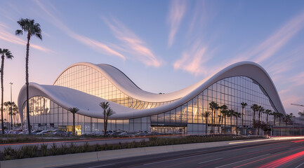 Obraz premium A modern airport building in the shape of a wave, with a white concrete and glass facade, at dusk light, with a busy street on the side, and palm trees.