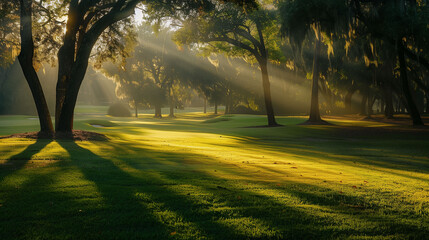 Obraz premium A golf course with trees in the background and the sun shining on the grass. The shadows of the trees are cast on the grass, creating a serene and peaceful atmosphere