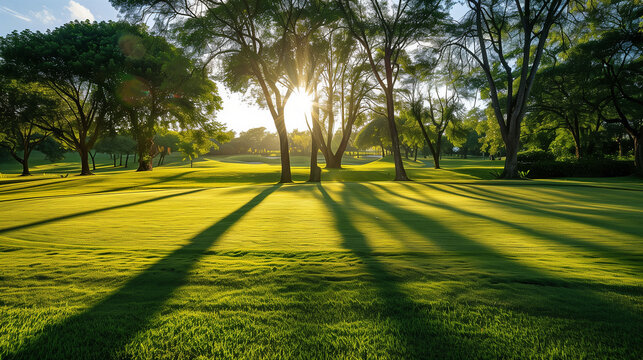 A golf course with trees in the background and the sun shining on the grass. The shadows of the trees are cast on the grass, creating a serene and peaceful atmosphere