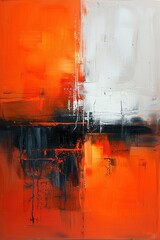 Abstract artwork depicting bold geometric shapes in vibrant hues of orange, black, and white