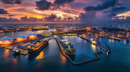 Naklejka premium Aerial view of oil storage tanks and a busy port in the evening. A deep sea cargo ship is docked at the Marina Bay. 