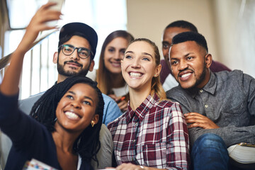 People, friends and students with selfie at college for memory, smile and post on social network. Men, women and happy for photography with profile picture together in hallway, learning and education