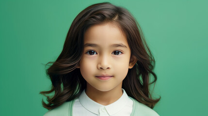 Portrait of a cute handsome happy Asian boy child with long hair and perfect skin, light green background, banner.