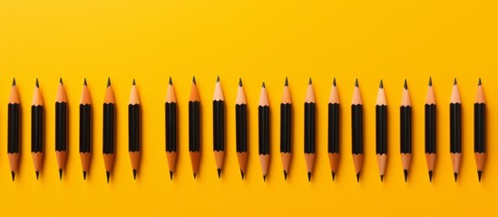 Simple pencils sharpened on both sides in a black wooden casing, lying in a row on a yellow surface. Pencil production and back to school concept.