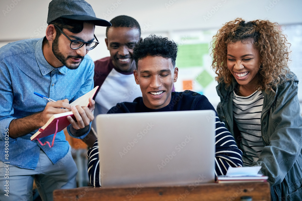 Fototapete People, e learning and laptop for university as students in college or school in class for assignment. Teamwork, group and collaboration with notes on tech for exam, project or tutorial for science