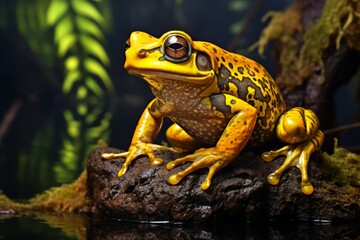 A beautiful yellow majestic frog with large amber eyes sitting on a stone in the middle of a swamp. The concept of immortality, wealth and longevity, rare animal.
