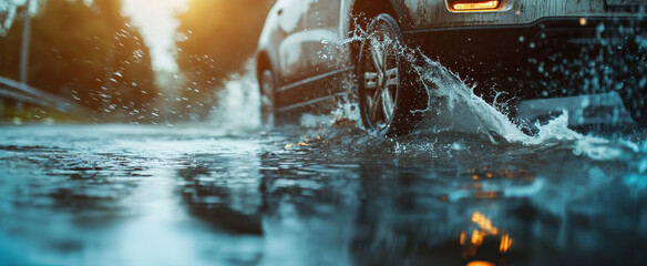 Car driving through the puddle and splashing by water