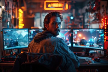 Obraz premium Focused Gamer Man in a Neon-Lit Room with Multiple Monitors 