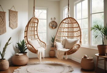 interior design style- reading nook with a hanging rattan chair, cozy floor pouf, and a macrame wall hanging
