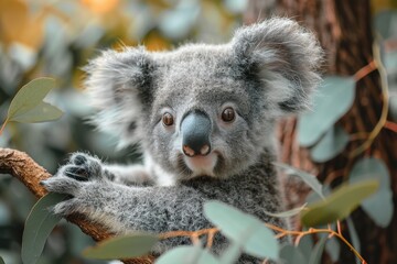 Obraz premium Baby Koala: A cute baby koala, clinging to a eucalyptus tree branch, with soft, fluffy gray fur. 