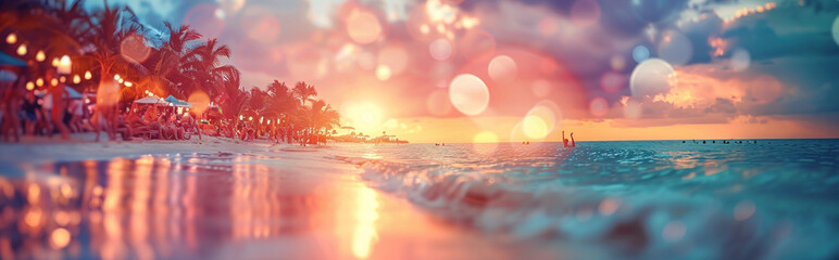 Cheering crowd hands air music festival. Blurred people having night beach party summer vacation