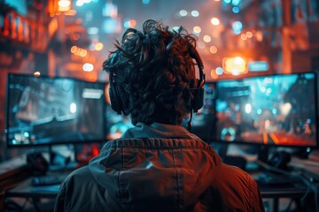 Fototapeta premium Man Playing Video Games on Dual Monitors in Cyberpunk Environment 