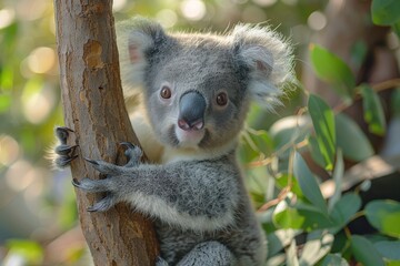 Obraz premium Baby Koala: A cute baby koala, clinging to a eucalyptus tree branch, with soft, fluffy gray fur. 