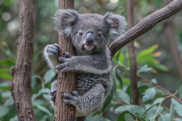 Obraz premium Baby Koala: A cute baby koala, clinging to a eucalyptus tree branch, with soft, fluffy gray fur. 