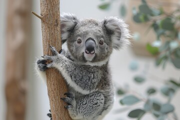 Obraz premium Baby Koala: A cute baby koala, clinging to a eucalyptus tree branch, with soft, fluffy gray fur. 