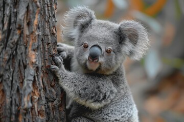Obraz premium Baby Koala: A cute baby koala, clinging to a eucalyptus tree branch, with soft, fluffy gray fur. 