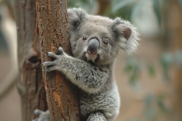 Obraz premium Baby Koala: A cute baby koala, clinging to a eucalyptus tree branch, with soft, fluffy gray fur. 