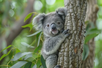 Baby Koala: A cute baby koala, clinging to a eucalyptus tree branch, with soft, fluffy gray fur. 