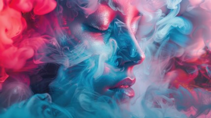 Surreal face amidst colorful smoke