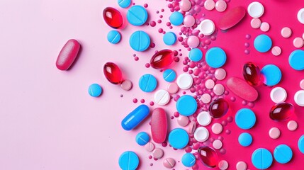 Assorted colorful pills on pink