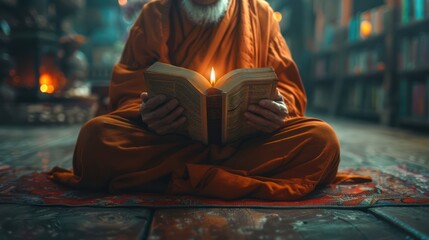 Fototapeta premium The monk opened the book and read from the sacred scriptures.