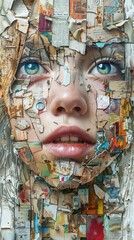 Surreal Collage Portrait of Woman with Blue Eyes, Mixed Media Art
