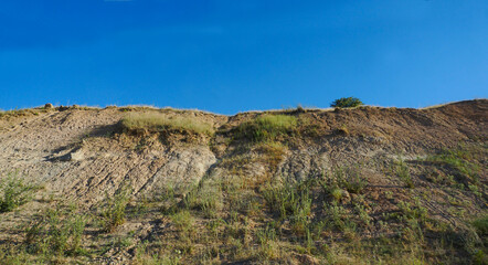 Blue sky above trees and high rock