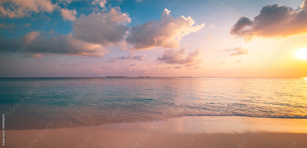 Poster summer closeup sunset sea sky landscape. colorful ocean beach sunrise. beautiful beach reflections c - Posters