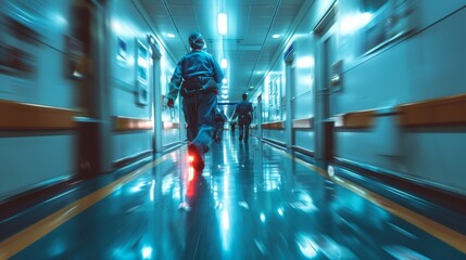 Professionals in protective gear urgently running through a high-tech corridor with motion blur - Powered by Adobe