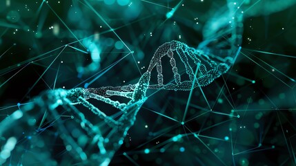 A digitally rendered model of a DNA strand, glowing in turquoise against a dark blue background.