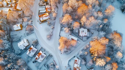 Aerial view of snowy winter village with frosty trees and cozy houses at sunrise