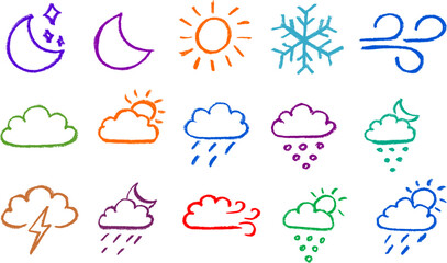 Weather Related Icons Chalk Crayon Drawing