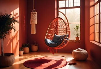 interior design style- reading nook with a hanging rattan chair, cozy floor pouf, and a macrame wall hanging