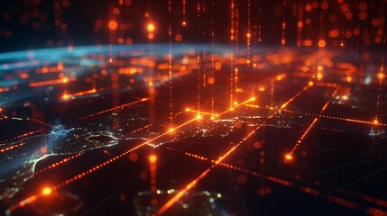 Obraz premium Cybernetic landscape with digital currency symbols integrated into futuristic city skyscrapers